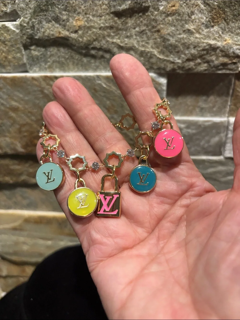 Gold Charm Bracelet with Pink, Blue, Yellow & Lime LV charms - Picture 5 of 5